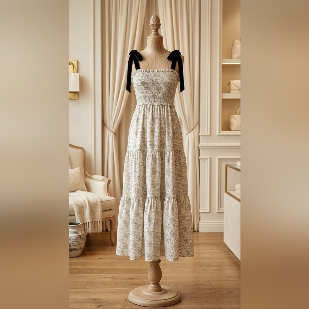 J.NNA Floral Black & Cream Empire Waist Maxi Dress